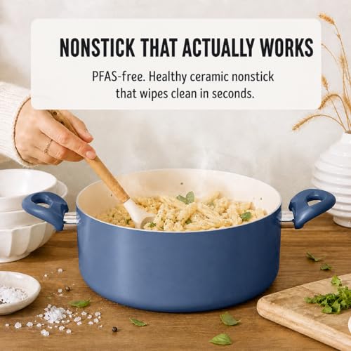 GreenLife 5 Quart Nonstick Stock Pot with Lid, Non-Toxic Ceramic Pot, Dishwasher Safe, Induction Ready, Fast Heating, Stay-Cool Handles, Kitchen Casserole, Soup, Pasta, Easy Clean, Slate Blue