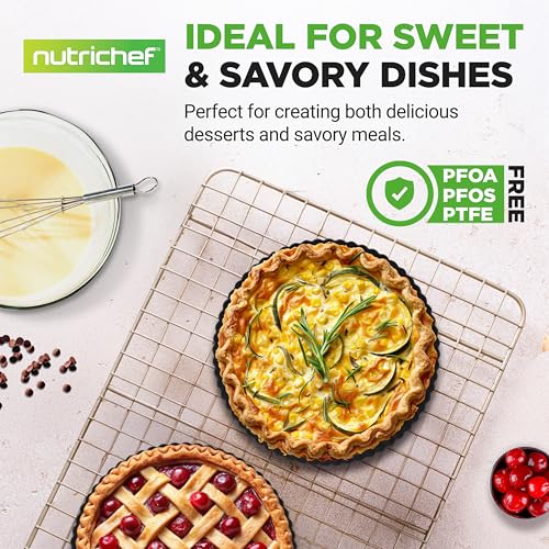 NutriChef 2 Round Tart Pans | 9 Inch Carbon Steel Cheesecake Baking Trays with Removable Base | Nonstick & Even Heat Distribution | Includes 100 Parchment Papers | Height of 1 Inch | Black