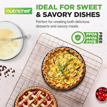 NutriChef 2 Round Tart Pans | 9 Inch Carbon Steel Cheesecake Baking Trays with Removable Base | Nonstick & Even Heat Distribution | Includes 100 Parchment Papers | Height of 1 Inch | Black