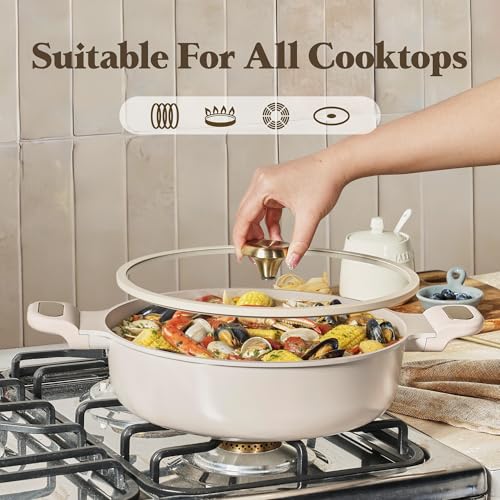 CAROTE 4.5Quart Stock Pot with Lid, Non Toxic Ceramic Soup Pot, Nonstick Cooking Pot, PFAS Free, Dishwasher Safe, Even Heating, Compatible with All Stoves, Light Taupe
