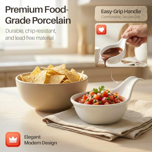 Flexzion Ceramic Dipping Bowls, Small Bowls for Dipping with Handle, Condiment Cups Soy Sauce Dish, Porcelain Ramekins, Sauce Holders, Containers for Small Side Dishes Dips - 3 oz, Set of 6, White