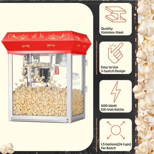 Great Northern Popcorn Company Red 6 oz. Ounce Foundation Old-Fashioned Movie Theater Style Popcorn Popper