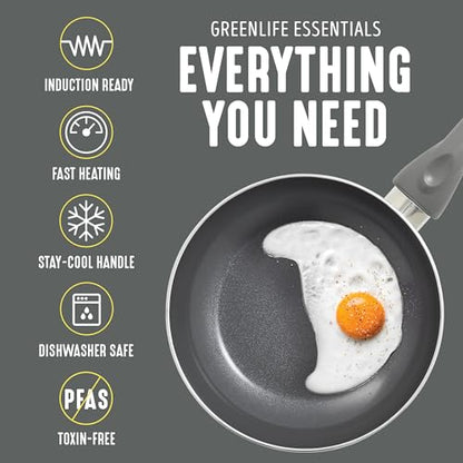 GreenLife Essentials 12 Piece Cookware Set, PFAS-Free Ceramic Nonstick Pots & Pans, Induction Ready for All Cooktops, Kitchen Cooking & Serving Utensils, Dishwasher Safe, Charcoal Gray