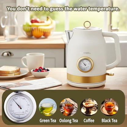 QUAXWELL Retro Electric Tea Kettle, 1.7L, Matte White and Gold