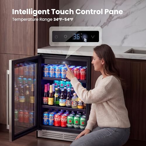 Yeego Beverage Refrigerator & Drink Fridge - 24 inch 180 Cans Beer Cooler Glass Door, 34-54℉ Under Counter Refrigerator Built-in for Drink Soda Wine for Bar Office Bedroom