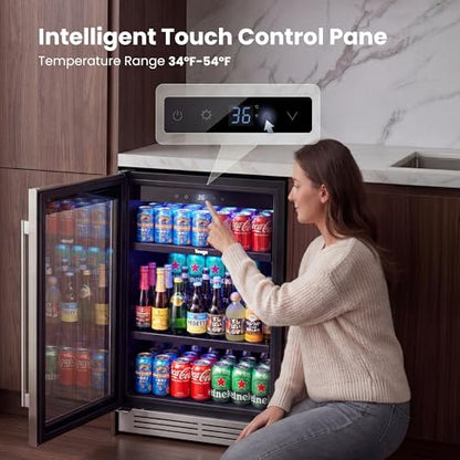 Yeego Beverage Refrigerator & Drink Fridge - 24 inch 180 Cans Beer Cooler Glass Door, 34-54℉ Under Counter Refrigerator Built-in for Drink Soda Wine for Bar Office Bedroom