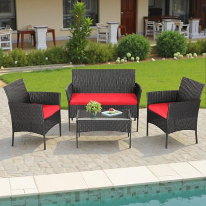 FDW 4-Piece Patio Furniture Set | Red | Outdoor Wicker Furniture