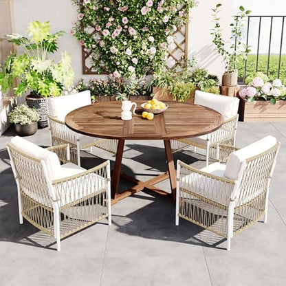 VilroCaz 5-Piece Outdoor Patio Dining Set, All-Weather Acacia Wood Extendable Round Dining Table with 12inch Butterfly Leaf and 4 Rattan Arm Chairs for Backyard, Balcony, Garden, Poolside