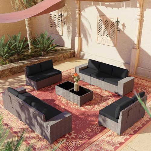 RTDTD 12 PCS Outdoor Patio Furniture Set,Outdoor Sectional Furniture All Weather PE Rattan Wicker Patio Conversation Set with 2 Coffee Tables and 10 Thickened Cushions,Black
