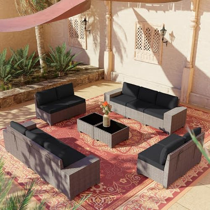 RTDTD 12 PCS Outdoor Patio Furniture Set,Outdoor Sectional Furniture All Weather PE Rattan Wicker Patio Conversation Set with 2 Coffee Tables and 10 Thickened Cushions,Black