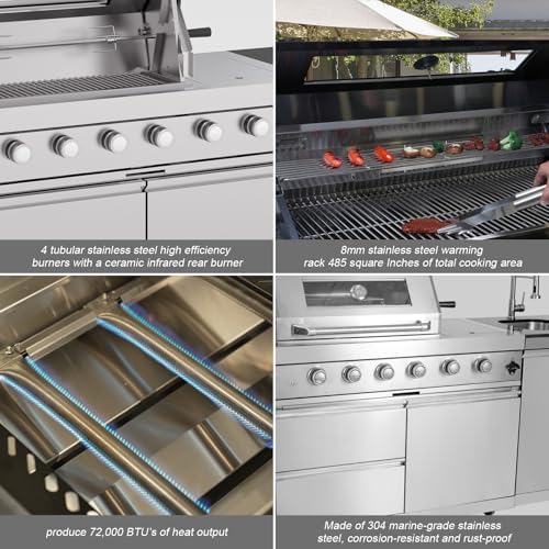 98.4 Inch Outdoor Kitchen Island, 72000 BTU Modular Propane Gas Grill Combination With Refrigerator and Sink, Outdoor Stainless Steel Barbecue Bar, Propane Grill for Patios, Gardens, Parties