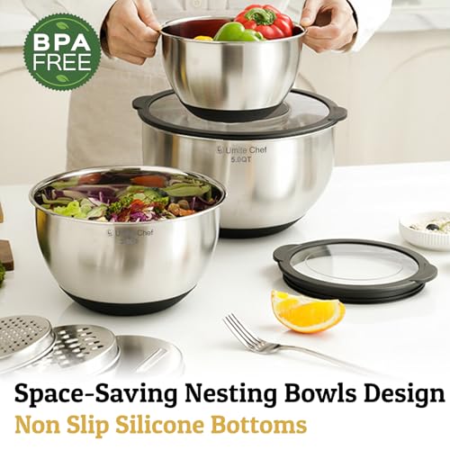 Mixing Bowls with Lids Set - Non-Slip, Airtight Warp-Proof TPR-AS Lids, Thicker Stainless Steel Bowls, Measurement Lines & 3 Graters, Prep Meal Bowl, Black Nesting Bowl for Kitchen, 5/3/2/1.5/0.63QT