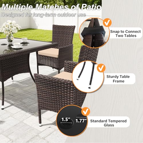 Gotland 10 Piece Outdoor Dining Set, All-Weather Rattan Patio Furniture Set with Umbrella Hole Tempered Glass Square Table, Outdoor Table and Chairs with Removable Cushions for Backyard, Deck Khaki