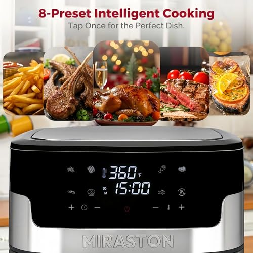 MIRASTON 8.5QT Air Fryer with Visual Window, Large Family Size XL Airfryer with 8 Presets, Stainless Steel Oven for Fast Healthy Cooking, Reheat & Crisp, Dishwasher Safe, Gift Box Included