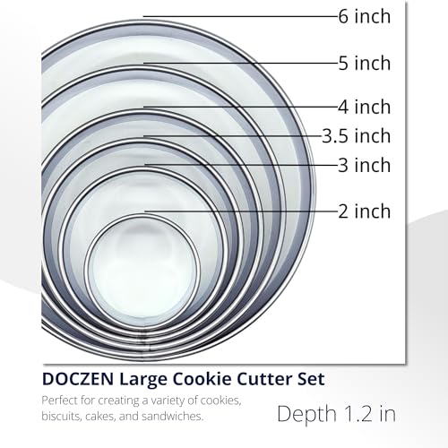 DOCZEN 6 PCS Round Cookie Cutter Set (2, 3, 3.5, 4, 5, 6 Inch) - Biscuit Cutters For Baking - Large Circle Cookie Cutters Variety Pack, Metal Stainless Steel, 6 Pack