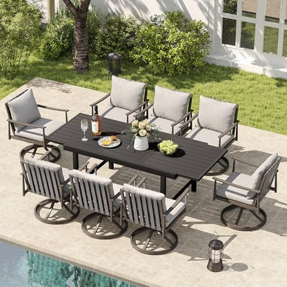 HAPPATIO 9-Piece Aluminum Patio Dining Set,Aluminum Outdoor Dining Set with Cushions,8 Swivel Chairs with Expandable Table with Umbrella Hole for Lawn, Garden, Backyard