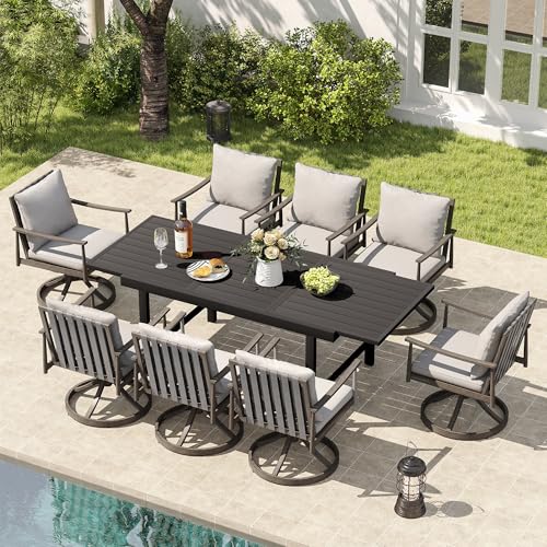 HAPPATIO 9-Piece Aluminum Patio Dining Set,Aluminum Outdoor Dining Set with Cushions,8 Swivel Chairs with Expandable Table with Umbrella Hole for Lawn, Garden, Backyard