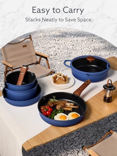 CAROTE 20Pcs Titanium Cookware Set, Pots and Pans Set Non Stick, Kitchen Cooking Set with Detachable Handle, Non Toxic Induction Cookware - Camping Cookware, Dishwasher/Oven Safe, Blue