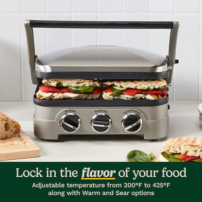Cuisinart Griddler Indoor Grill, Panini Press, Sandwich Maker & More, 5-in-1 Grilling, Dishwasher-Safe Nonstick Cooking Plates, GR-4NNAS, Stainless Steel