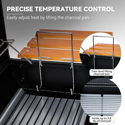 Royal Gourmet CC1624W Barrel Charcoal Grill with Offset Smoker, 552 Sq. In. Cooking Area, Wooden Front and Side Shelf with Hooks, Mesh Bottom Shelf, Charcoal Grill for Outdoor Grilling, Black