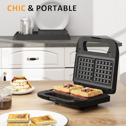 3 in 1 Electric Sandwich Maker with Removable Nonstick Plates - 750W, Black for Belgian Waffle/Panini/Grill/Pancake Griddle/Breakfast, Dishwasher Safe, Cool Touch Handle, Easy to Clean & Store