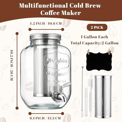 Acellegic 2 Pack 1 Gallon Cold Brew Coffee Maker Iced Coffee Maker with Stainless Steel Filter, Lid & Spigot Heavy Duty Glass Cold Brew Pitcher Drink Dispenser Thick Iced Tea Pitcher for Fridge