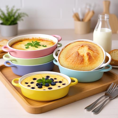 Foraineam 6 Pack 20 oz Oval Au Gratin Baking Dishes with Handles, Porcelain Casserole Dish Single Serving Ramekins for Oven & Microwave Cooking and Baking, 7.2" x 5.5", Oven Safe Roasting Lasagna Pan
