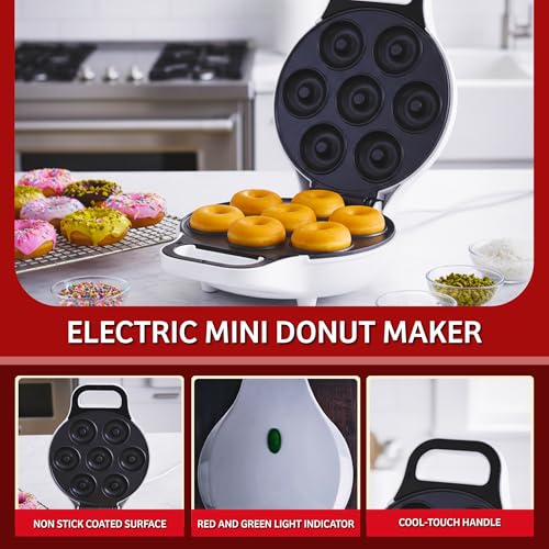 Mini Donut Maker, Durable, Nonstick Easy to Use Mini Baking Machine - Cooks 7 Mini Doughnuts at a Time - Glazed, Frosted with Sprinkles, Nuts, or Vegan Donuts, & More (White)