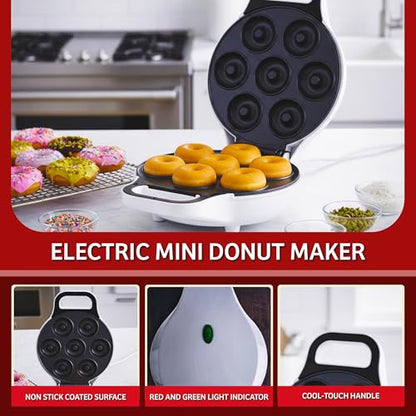 Mini Donut Maker, Durable, Nonstick Easy to Use Mini Baking Machine - Cooks 7 Mini Doughnuts at a Time - Glazed, Frosted with Sprinkles, Nuts, or Vegan Donuts, & More (White)