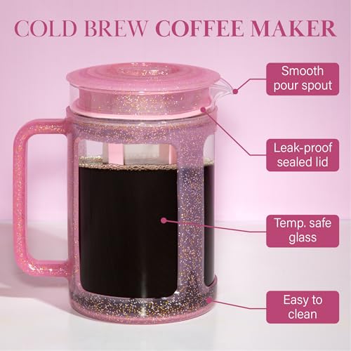 Paris Hilton Cold Brew Coffee Maker, Durable 1.6 Quart Borosilicate Glass Carafe with Stainless Steel Filter, Glitter Pink, 38 oz