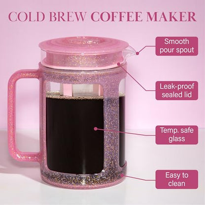 Paris Hilton Cold Brew Coffee Maker, Durable 1.6 Quart Borosilicate Glass Carafe with Stainless Steel Filter, Glitter Pink, 38 oz