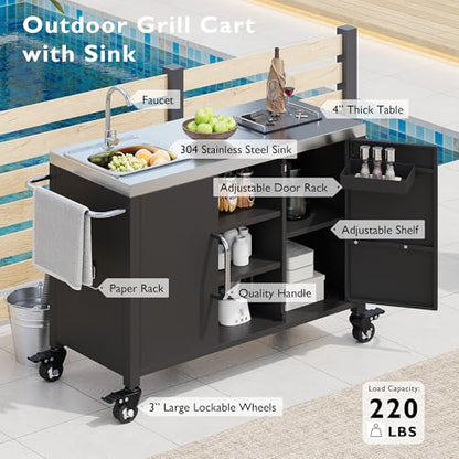 Merax Outdoor Kitchen Island with Sink, 55.5" Stainless Steel Kitchen Island with Storage, Metal Rolling Coffee Grill Bar Cart with Spice Rack Towel Rack, Black