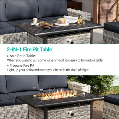Muphyers 10-Piece Outdoor Patio Furniture Set with Rocking Swivel Chair, PE Wicker Rattan Sectional Sofa Patio Conversation Set with 55,000 BTU Fire Pit Table & Coffee Table, Dark Grey