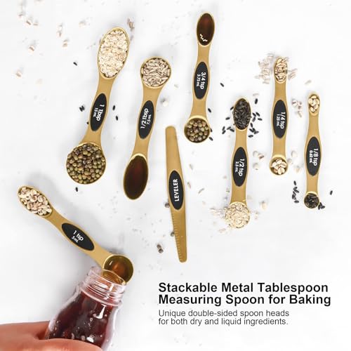 Magnetic Measuring Spoons Set Stainless Steel with Leveler, Stackable Metal Tablespoon Measure Spoon for Baking, Measuring Cups and Spoon Set Kitchen Gadgets Apartment Essentials Fits in Spice Jars
