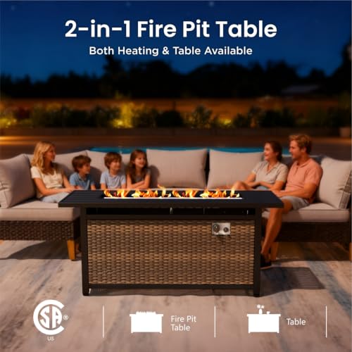 PHI VILLA 11-Piece Wicker Patio Furniture Set with 56" Fire Pit, Beige