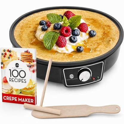 Crepe Maker Machine (Easy to Use), Pancake Griddle – Nonstick 12” Electric Griddle – Pancake Maker, Batter Spreader, Wooden Spatula – Crepe Pan for Crepes Roti, Tortilla, Blintzes – Portable, Compact