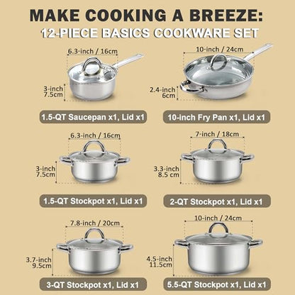 Cook N Home Kitchen Cookware Sets, 12-Piece Basic Stainless Steel Pots and Pans, Silver