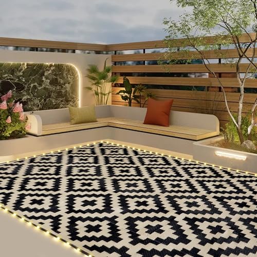 SAND MINE Reversible Mats with Led Strip Lights, Plastic Straw Rug, Modern Area Rug, Large Floor Mat for Outdoors, Patio, Backyard, Deck, Picnic, Camping, Black & Beige, 5' x 8'