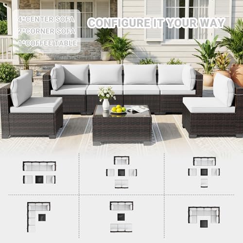 LAFWLL 7 Pieces Outdoor Patio Furniture Sets,Rattan Conversation Sectional Set,Manual Weaving Wicker Patio Sofa with Tea Table