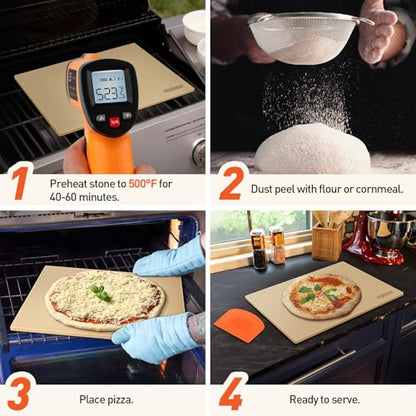 Arcedo Pizza Stone for Grill 20 x 13.5 Inch, Rectangular Large Baking Stone for Bread Thermal Shock Resistant BBQ Grilling Pizza Pan Cordierite Oven Cooking Pan With PE Scraper