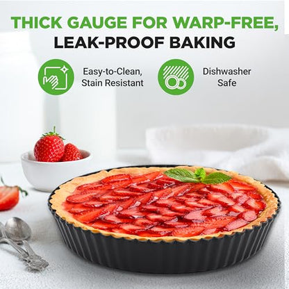 NutriChef 2 Round Tart Pans | 9 Inch Carbon Steel Cheesecake Baking Trays with Removable Base | Nonstick & Even Heat Distribution | Includes 100 Parchment Papers | Height of 1 Inch | Black