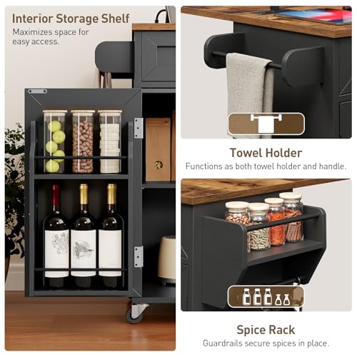 RALGEND Kitchen Island with Power Outlets & Drop Leaf, Kitchen Cart with Storage, Drawer and Spice Rack, Tower Rack, Island Table, Black and Rustic Brown