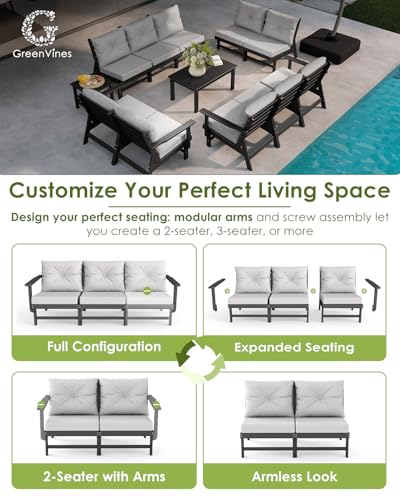 GREENVINES 9 Piece Patio Conversation Set, HDPE All Weather Couches, Black