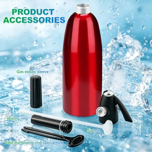 Soda Siphon, 1L Portable Seltzer Maker - Retro-Style Sparkling Water Machine for Homemade Carbonated Drinks, Juices & Cocktails, Uses 8g CO2 Cartridges (Cartridges Not Included) - (Red)