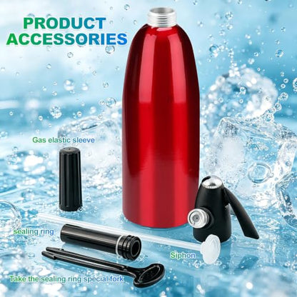 Soda Siphon, 1L Portable Seltzer Maker - Retro-Style Sparkling Water Machine for Homemade Carbonated Drinks, Juices & Cocktails, Uses 8g CO2 Cartridges (Cartridges Not Included) - (Red)