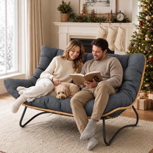 SWITTE Outdoor Patio Loveseat, Double Papasan Chair with Cushion, Charcoal