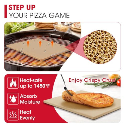 Unicook Pizza Stone for Oven and Grill, 15 x 12 Inch Rectangular Baking Stone for Bread, Cordierite Pizza Pan for Baking Crispy Bread, Pie and Cookies, Includes Carry Rack and Dough Scraper