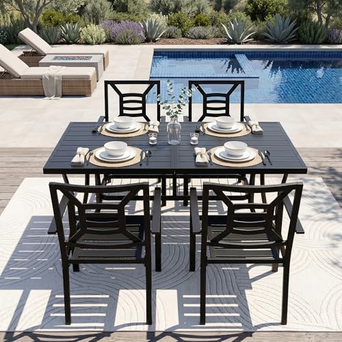 VOYSIGN 5 Piece Outdoor Patio Dining Sets, 60" Rectangular Metal Dining Table with Umbrella Hole & 4 Stackable Metal Chairs, Weather Resistant Garden Furniture Set for Backyard, Deck, Porch