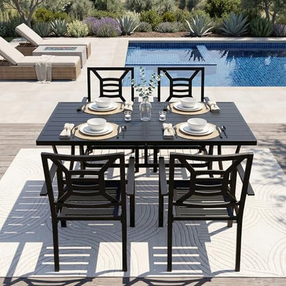 VOYSIGN 5 Piece Outdoor Patio Dining Sets, 60" Rectangular Metal Dining Table with Umbrella Hole & 4 Stackable Metal Chairs, Weather Resistant Garden Furniture Set for Backyard, Deck, Porch