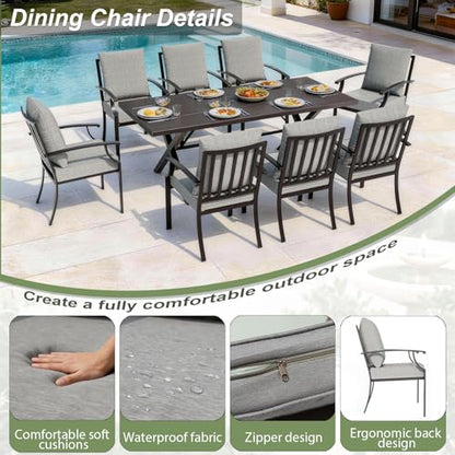 Trumbeak 10 Pieces Patio Dining Set,Metal Outdoor Furniture Set Includes 13.6FT Grey Umbrella,Hole Cut-Out 78.7" x 35.4" Table and 8 Metal Backrest Chairs for Backyard,Garden,Grey